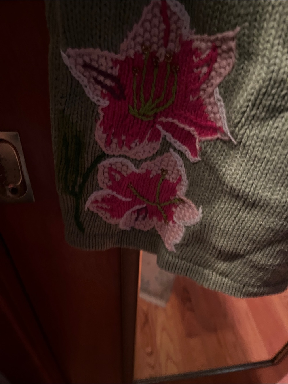 Storybook Knits Olive Green Cardigan with Pink Floral Embroidery - Picture 8 of 8
